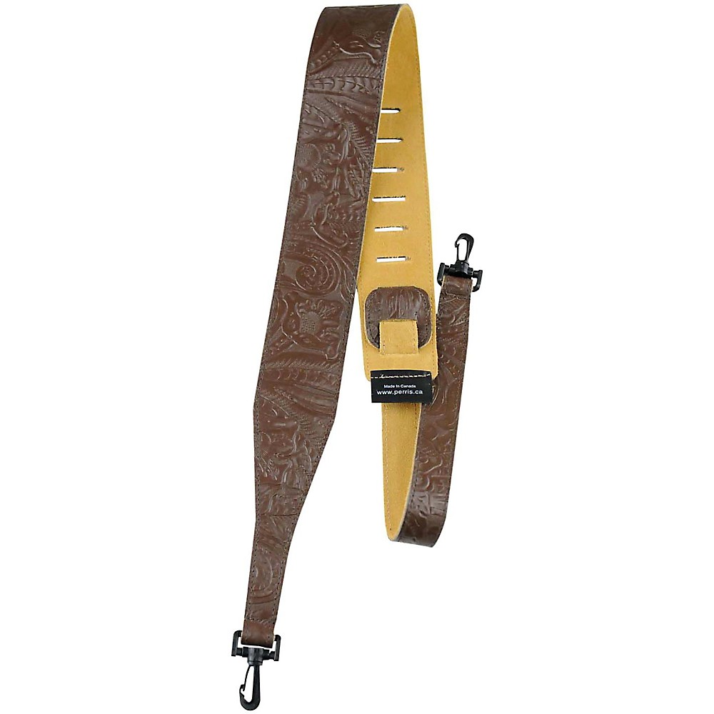 Perri's 2 5" Tooled Western Flower Leather Banjo Strap Swivel Hooks Brown eBay