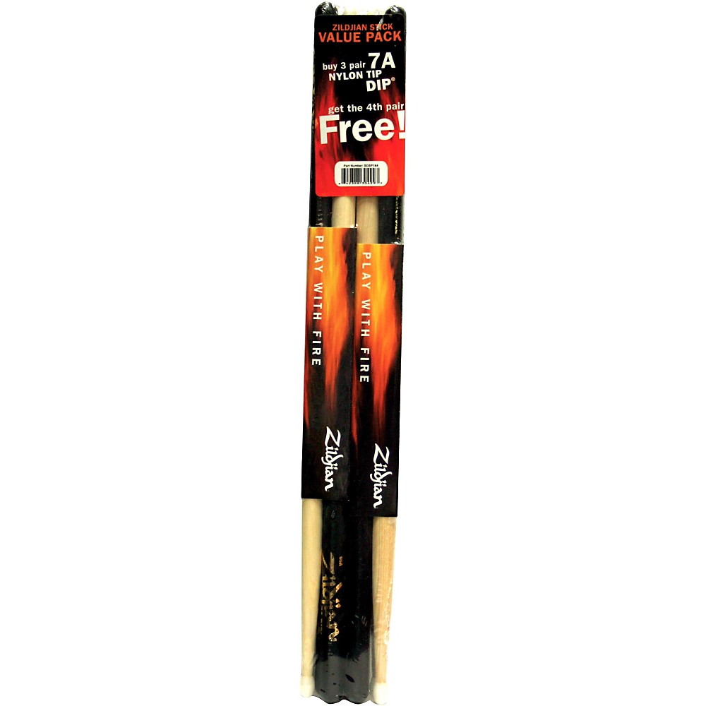 Zildjian Dip Wood Drumsticks, Buy 3 Pairs Get 1 Pair Free - Black 7A Nylon