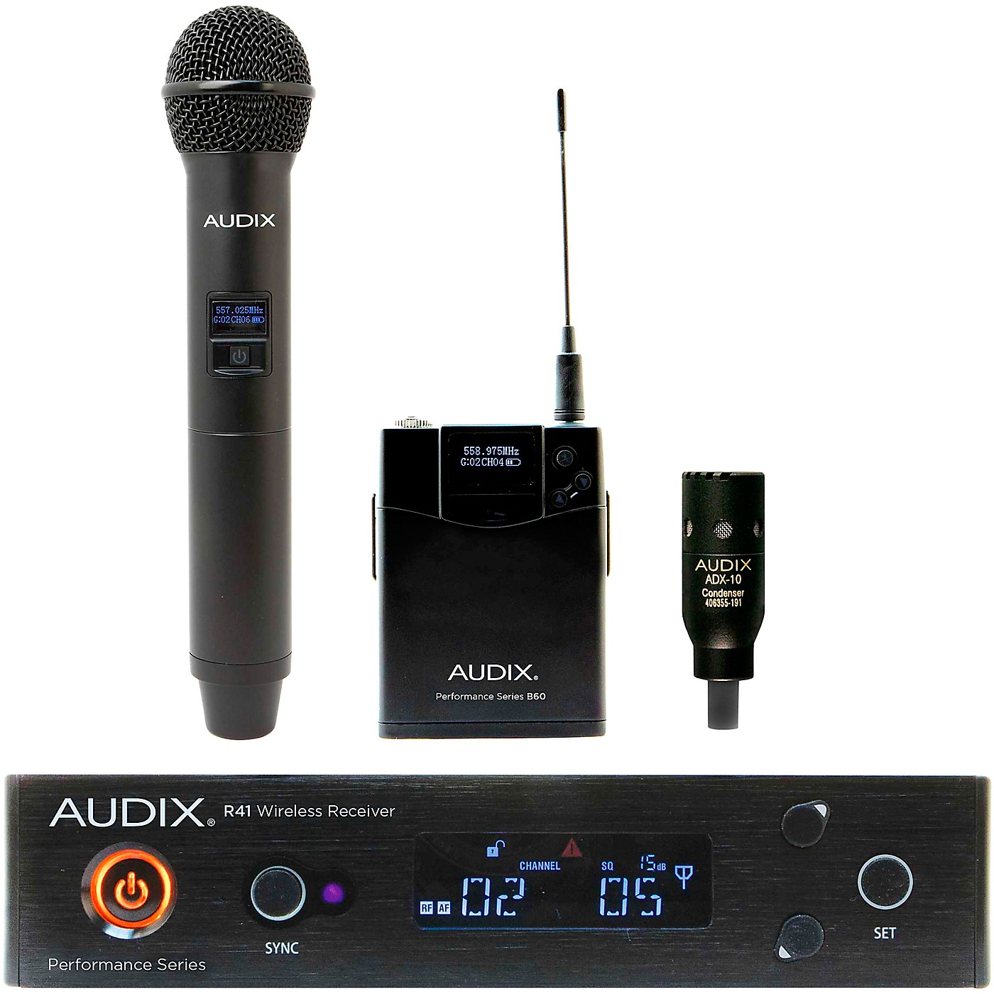 Audix AP41 OM2 L10 Wireless Microphone System with R41 Diversity Receiver, B60 Bodypack and H60/OM2 Handheld Transmitter, and ADX10 Lavalier Microphone thumbnail