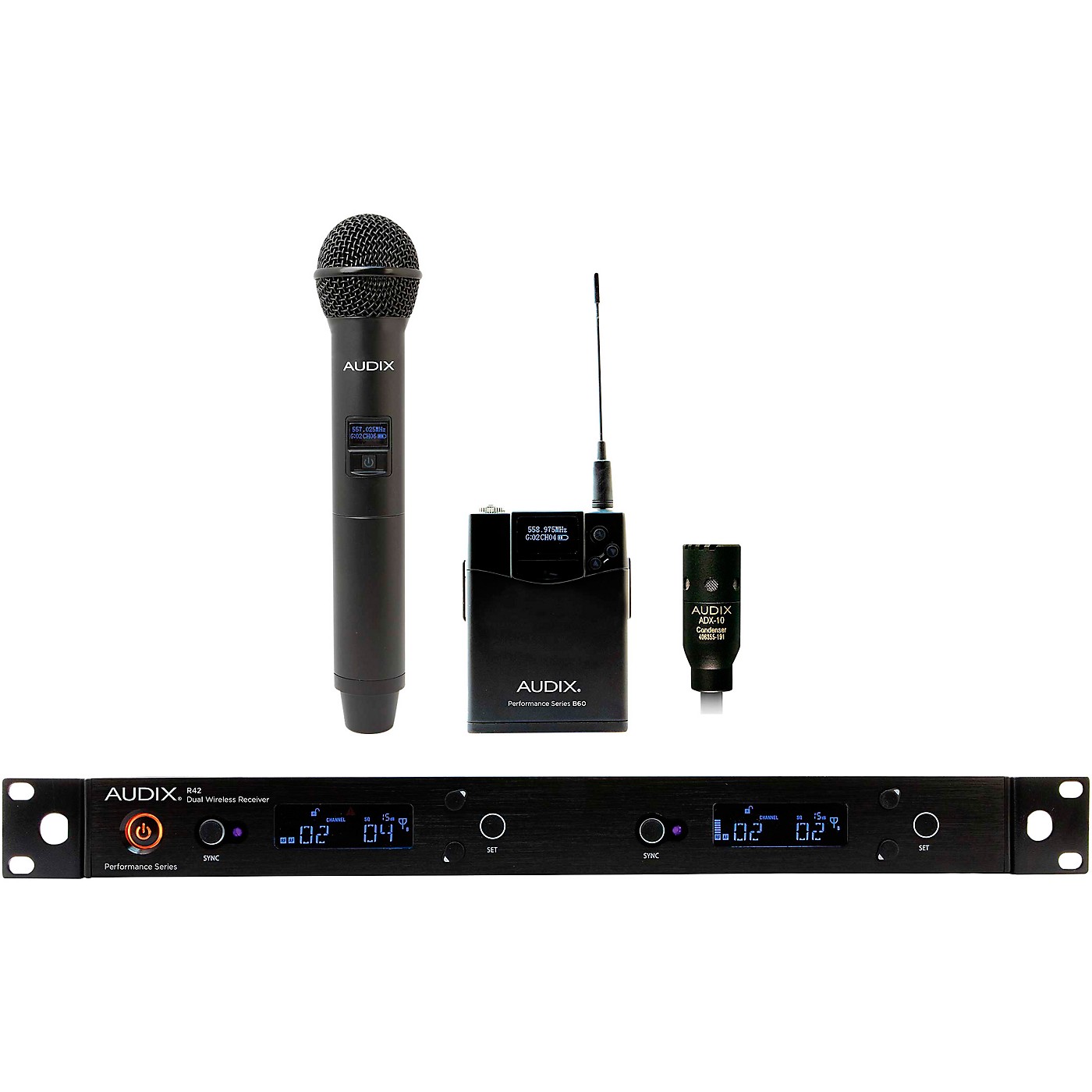 Audix AP42 C210 Wireless Microphone System with R42 Two Channel Diversity Receiver, H60/OM2 Handheld Transmitter, B60 Bodypack Transmitter and ADX10 Lavalier Microphone thumbnail