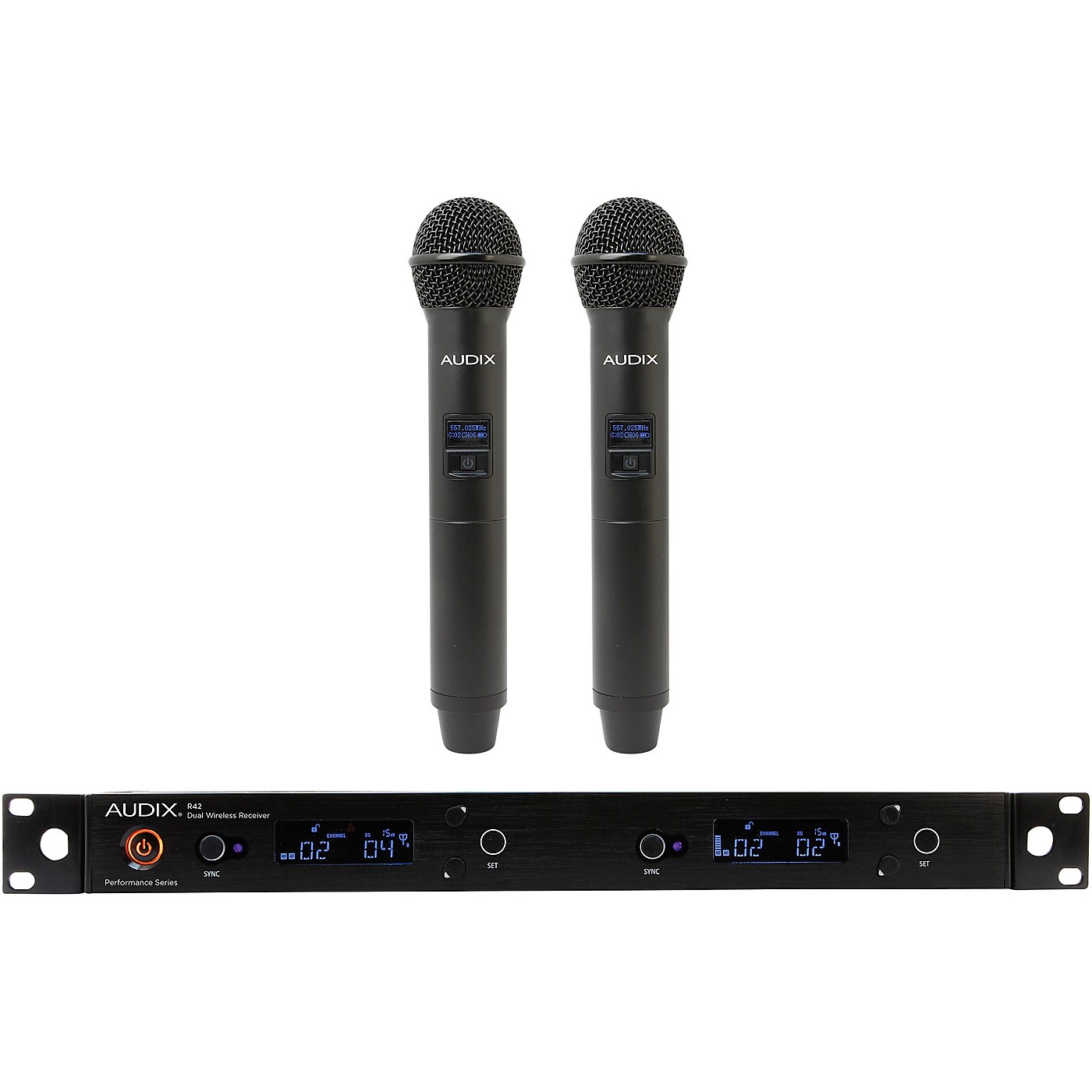 Audix AP42 OM2 Dual Handheld Wireless Microphone System with R42 Two Channel Diversity Receiver and Two H60/OM2 Handheld Transmitters thumbnail