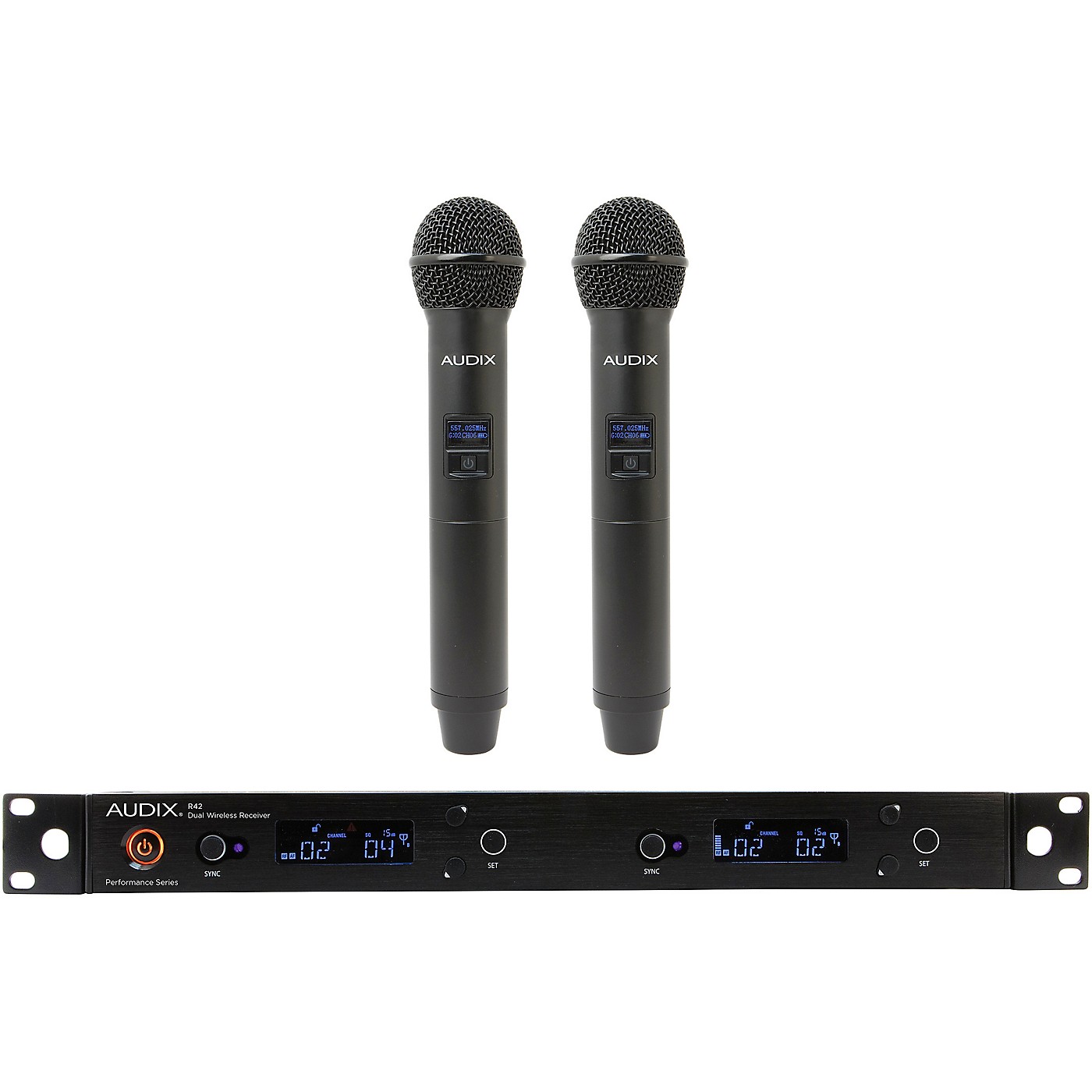 Audix AP42 OM5 Dual Handheld Wireless Microphone System with R42 Two Channel Diversity Receiver and Two H60/OM5 Handheld Transmitters thumbnail