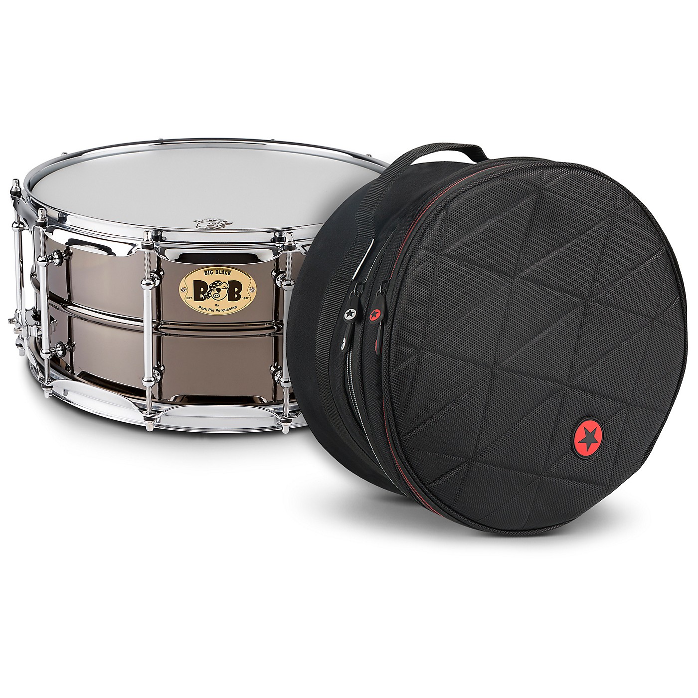 Pork Pie Big Black Brass Snare Drum with Tube Lugs and Chrome Hardware with Road Runner Bag thumbnail