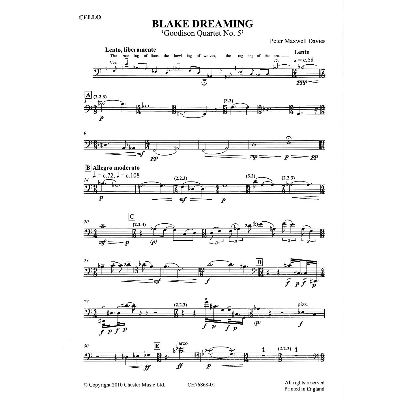 CHESTER MUSIC Blake Dreaming 'Goodison Quartet No. 5' Music Sales America Series  by Peter Maxwell Davies thumbnail