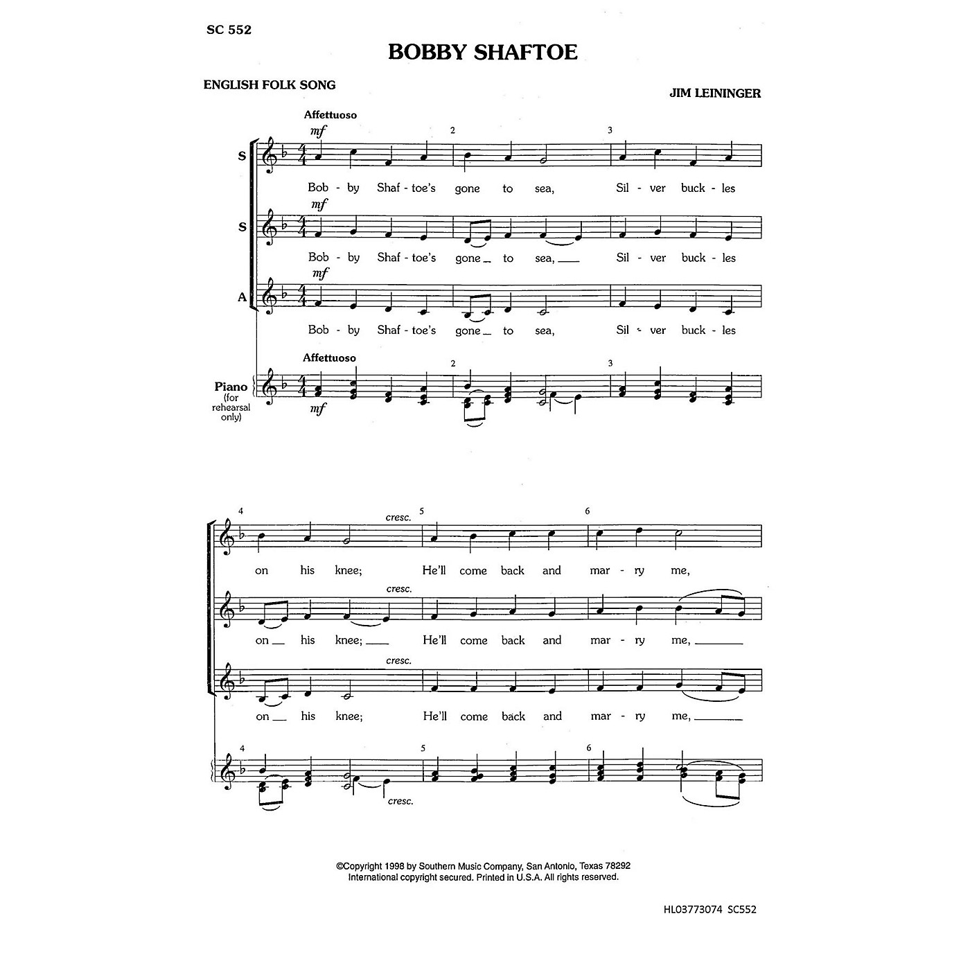 Southern Bobby Shaftoe SSA Composed by Jim Leininger thumbnail
