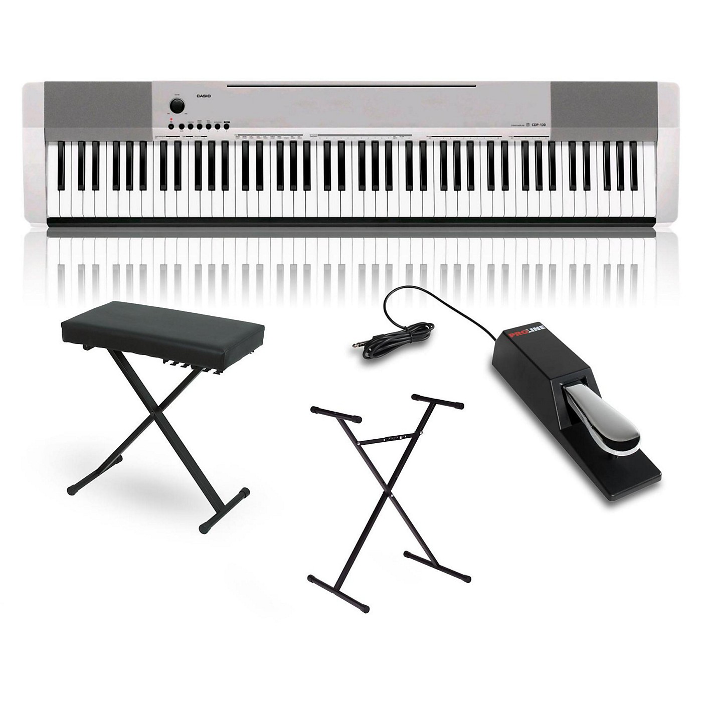 kultur Symphony Følsom Casio CDP-130 Digital Piano Silver with Stand Sustain Pedal and Deluxe  Keyboard Bench - Woodwind & Brasswind