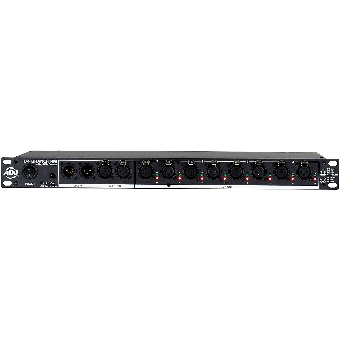 American DJ D4 Branch RM Single Rack Space, 4-way Distributor/Booster with 3-pin and 5-pin XLR Input and Output Jacks thumbnail