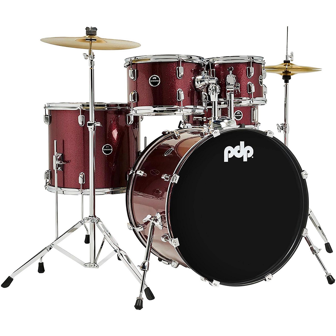 PDP by DW Ruby Red Encore Complete 5Piece Drum Set with Chrome