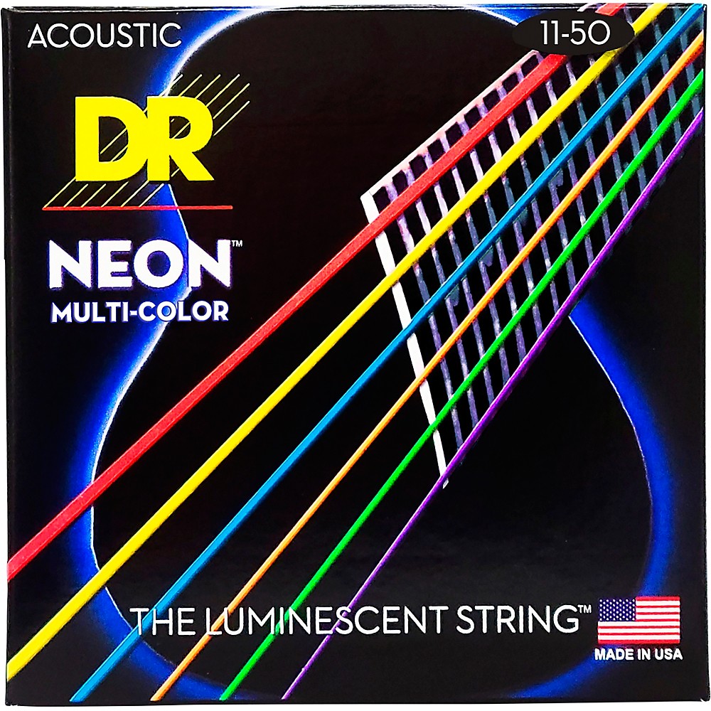 Струны DR Strings Hi-Def NEON с многоцветным покрытием средней плотности для акустической гитары