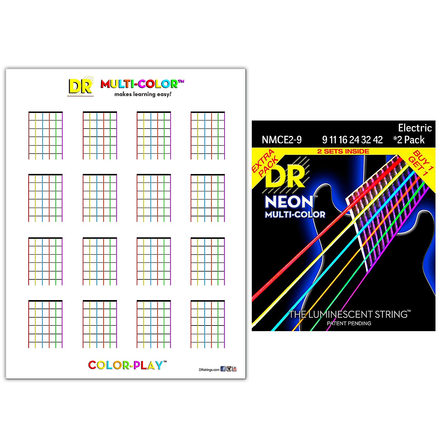 DR Strings Hi-Def NEON Light Electric String 2-Pack with Multi-Color Chord Chart Sheet thumbnail
