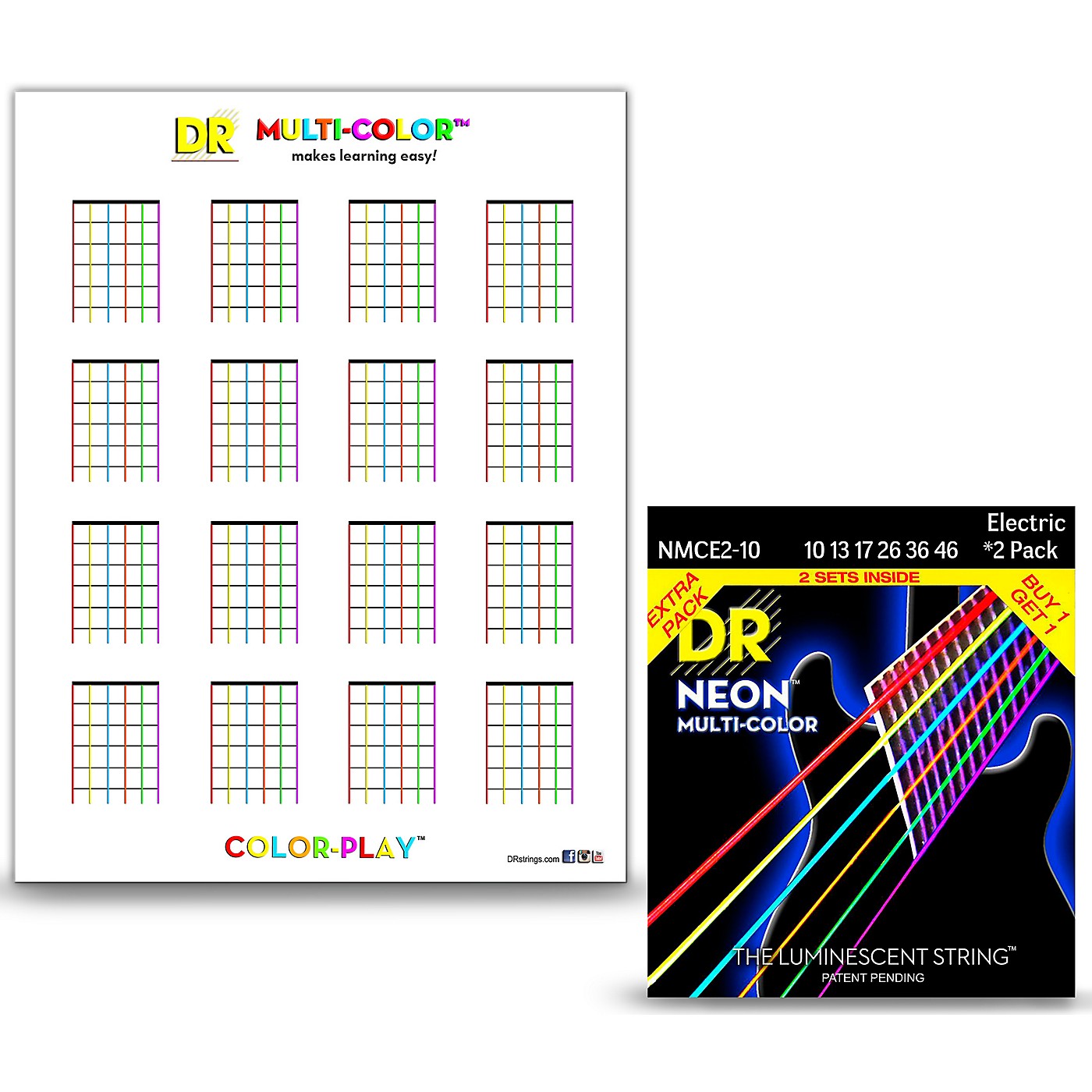 DR Strings Hi-Def NEON Medium Electric String 2-Pack with Multi-Color Chord Chart Sheet thumbnail