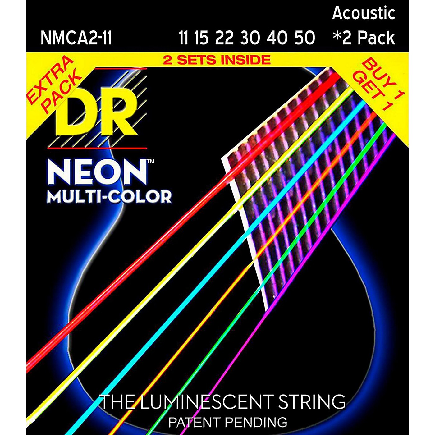 DR Strings Hi-Def NEON Multi-Color Medium Light Acoustic Guitar Strings (11-50) 2 Pack thumbnail