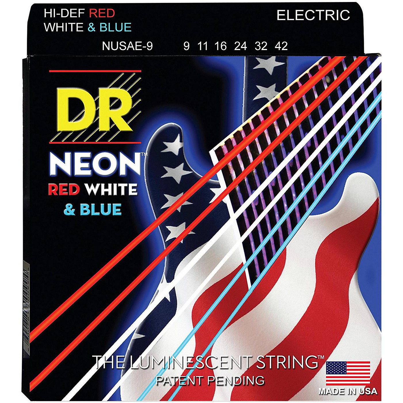 DR Strings Hi-Def NEON Red, White & Blue Electric Guitar Lite Strings thumbnail