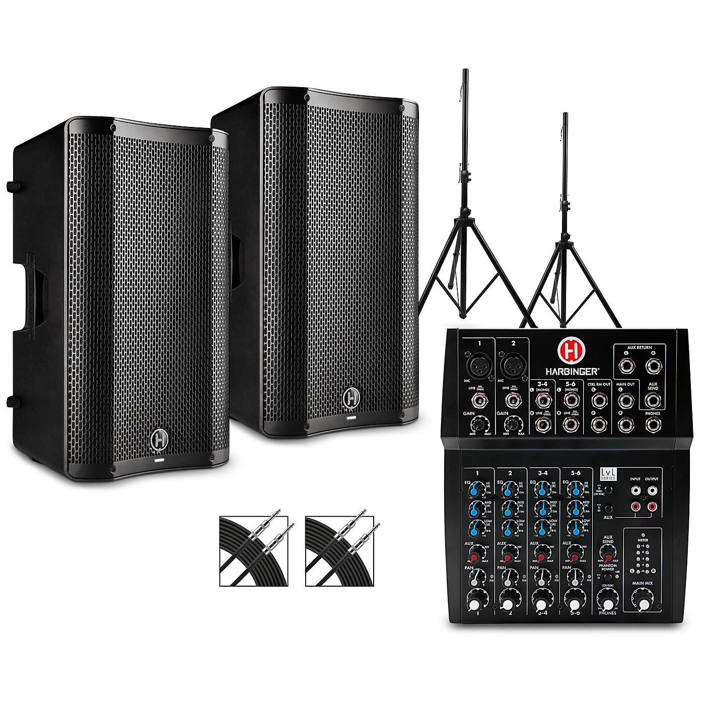 Harbinger L802 Mixer Package With VARI 4000 Series Speakers, Stands and