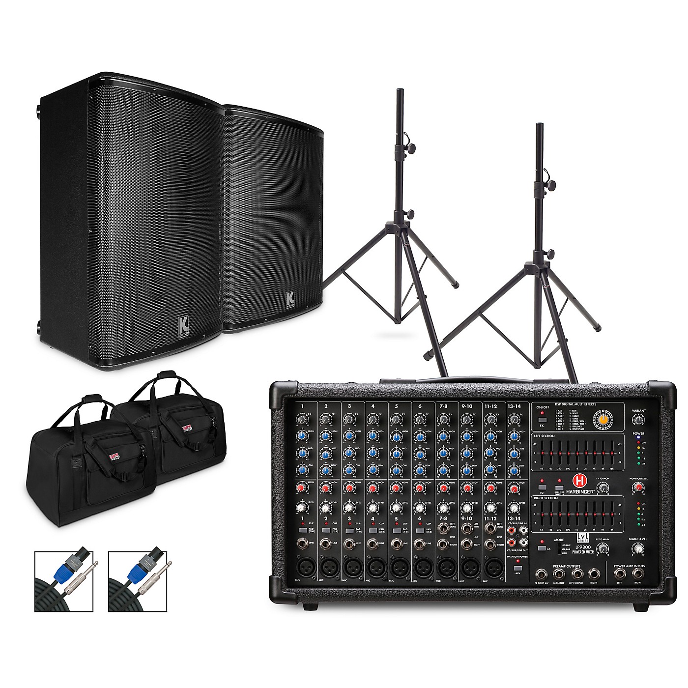 Harbinger LP9800 Powered Mixer Package With Kustom KPX Passive Speakers, Stands, Cables and Tote Bags thumbnail
