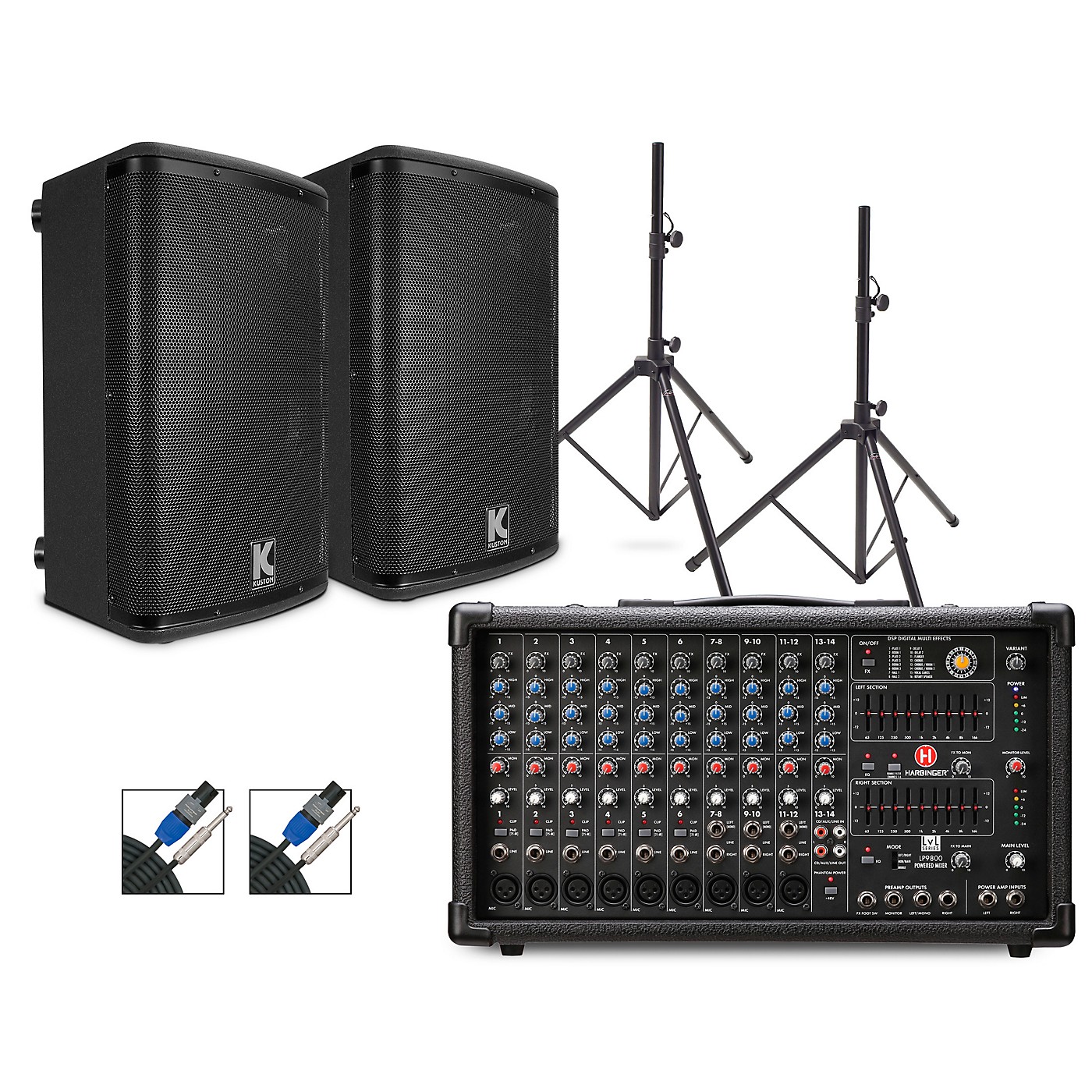 Harbinger LP9800 Powered Mixer Package With Kustom KPX10 Passive Speakers, Stands and Cables thumbnail