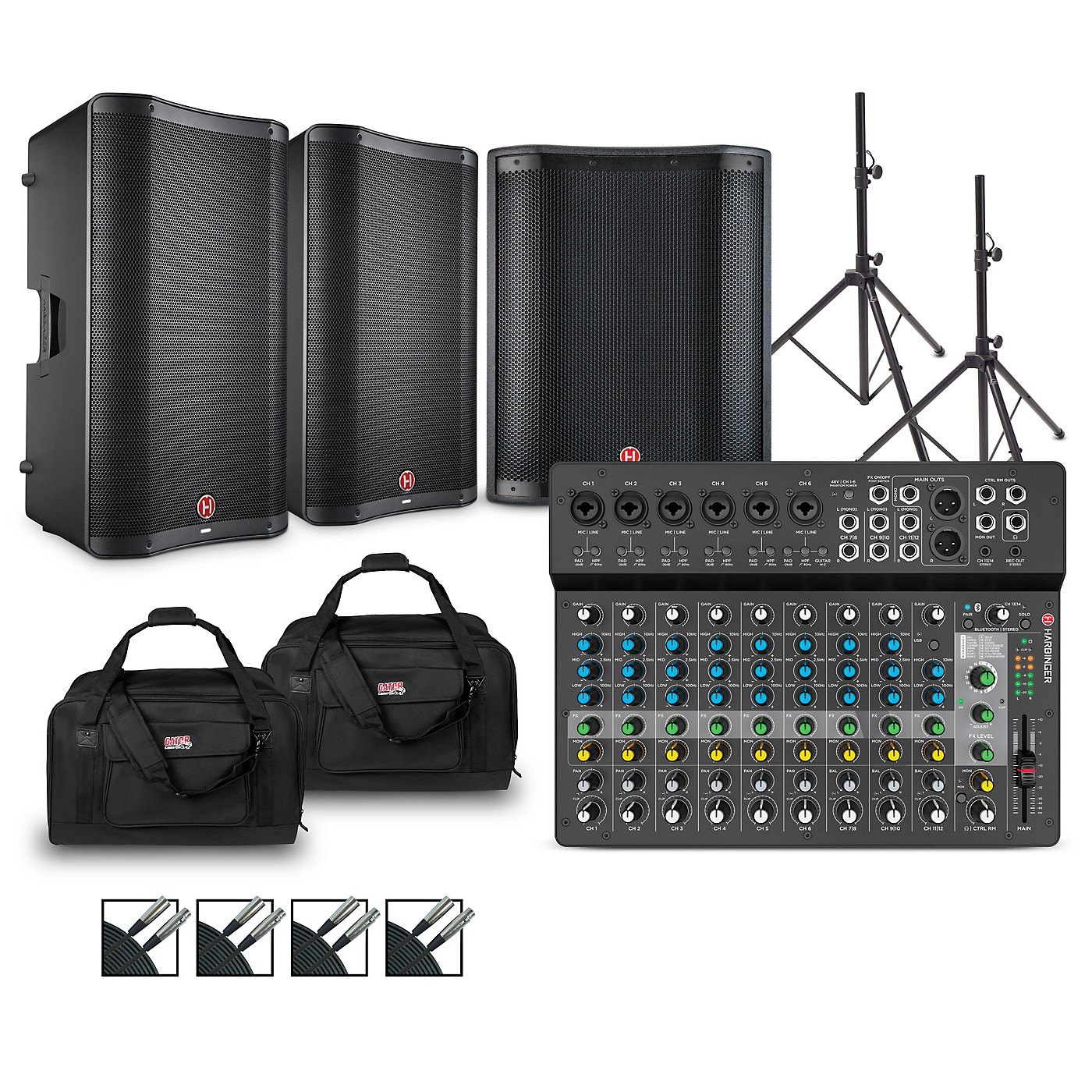 Harbinger LV14 Mixer Package with VARI V2300 Powered Speakers, VARI 2318S Subwoofer, Stands, Cables and Tote Bags thumbnail