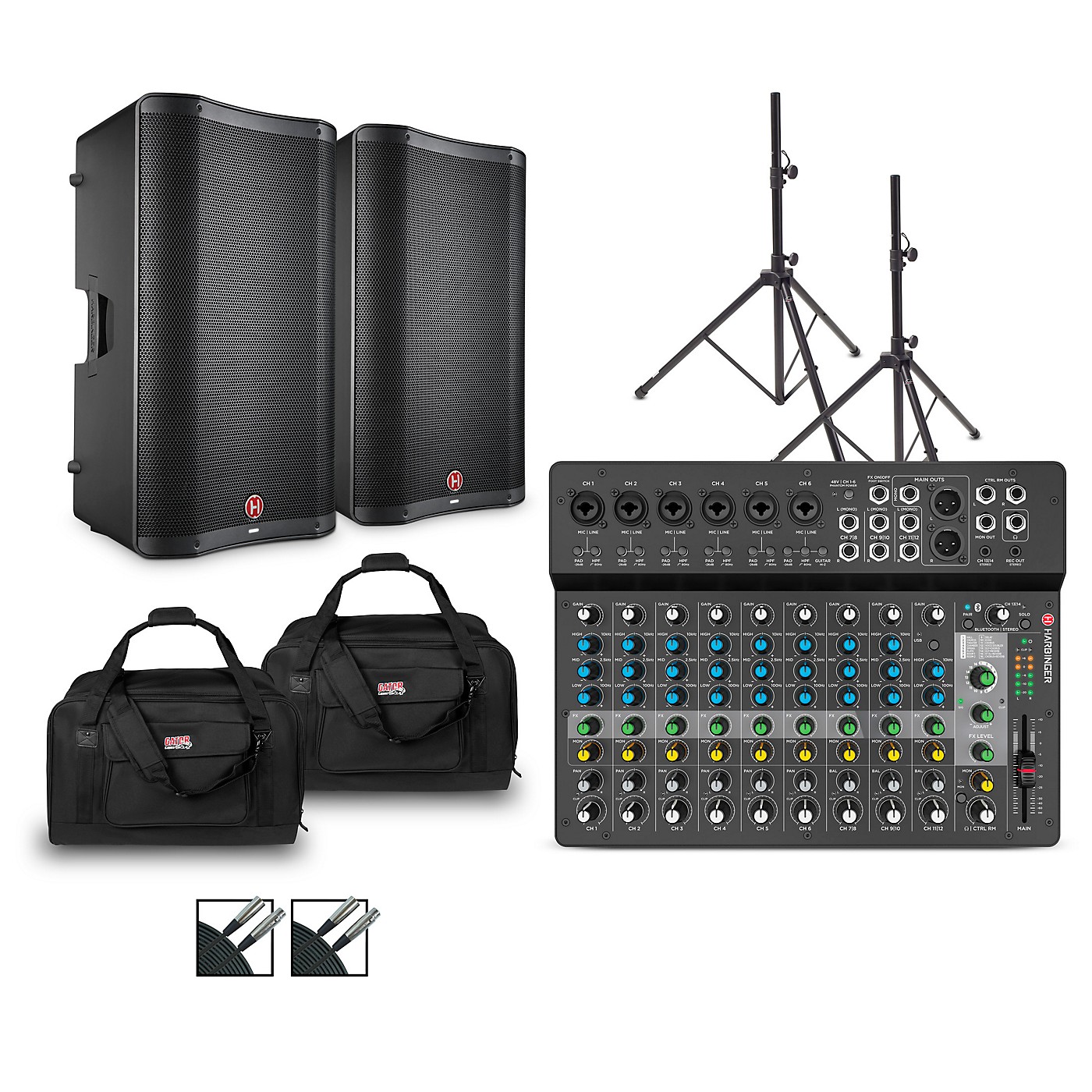 Harbinger LV14 Mixer With VARI V2300 Powered Speakers, Stands, Cables and Tote Bags thumbnail