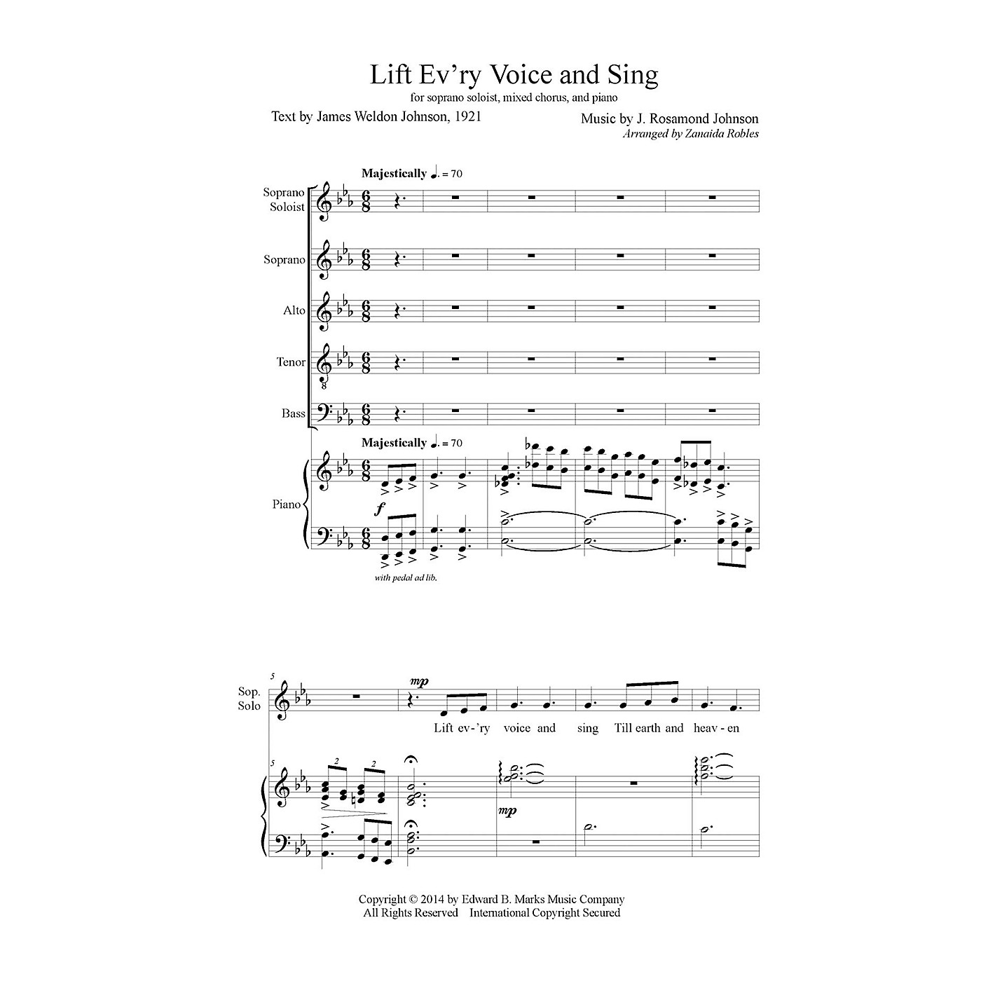 Edward B. Marks Music Company Lift Ev'ry Voice and Sing SATB Composed by J. Rosamond Johnson Arranged by Zanaida Robles thumbnail