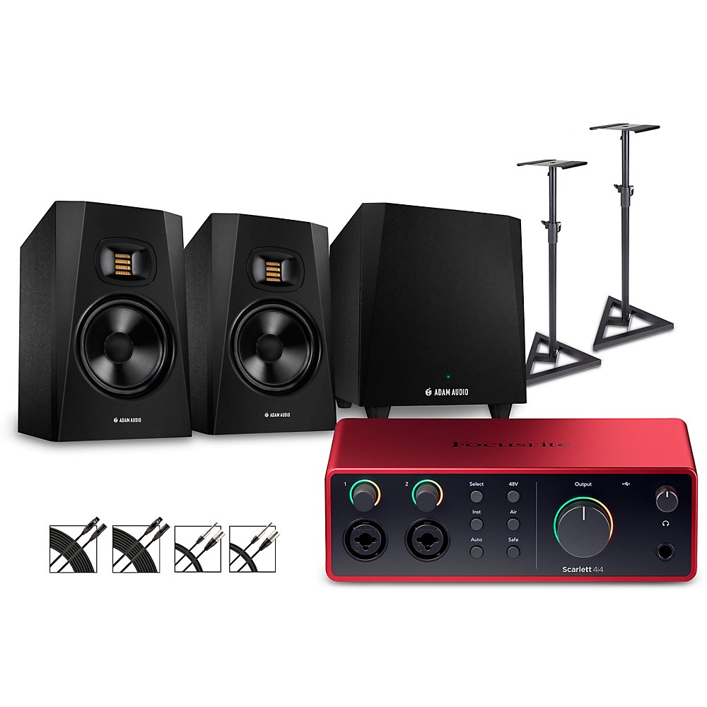 Focusrite Scarlett 4i4 Gen 4 with Adam Audio Monitors/T10S Sub/Stands/Cables T7V
