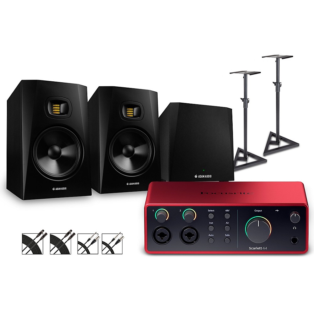 Focusrite Scarlett 4i4 Gen 4 with Adam Audio Monitors/T10S Sub/Stands/Cables T8V
