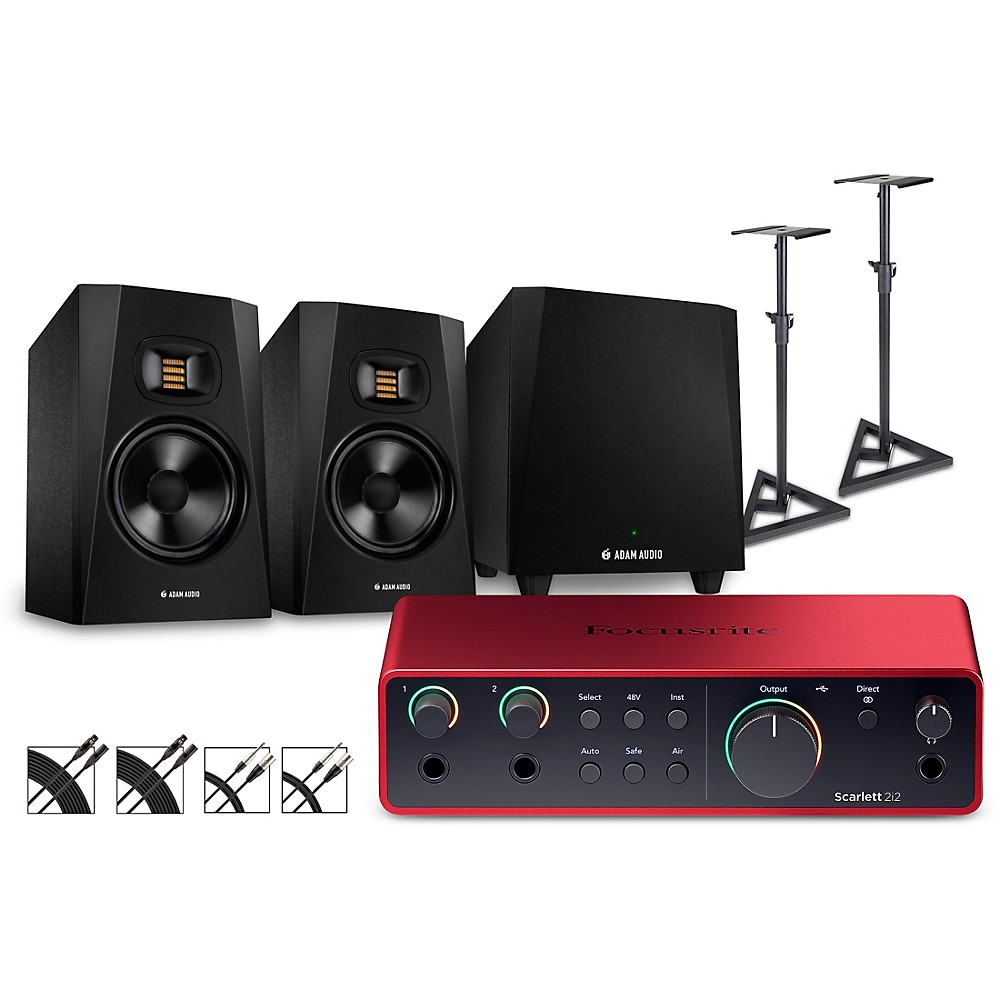 Focusrite Scarlett 2i2 Gen 4 with Adam Audio Monitors/T10S Sub/Stands/Cables T7V