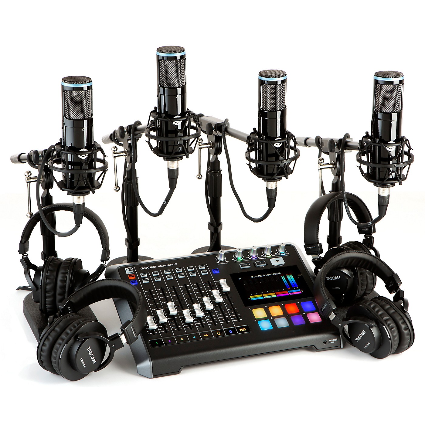 Tascam Mixcast 4 4-Person Podcasting Bundle With Sterling Audio SP150 Microphones and TH-200X Headphones thumbnail