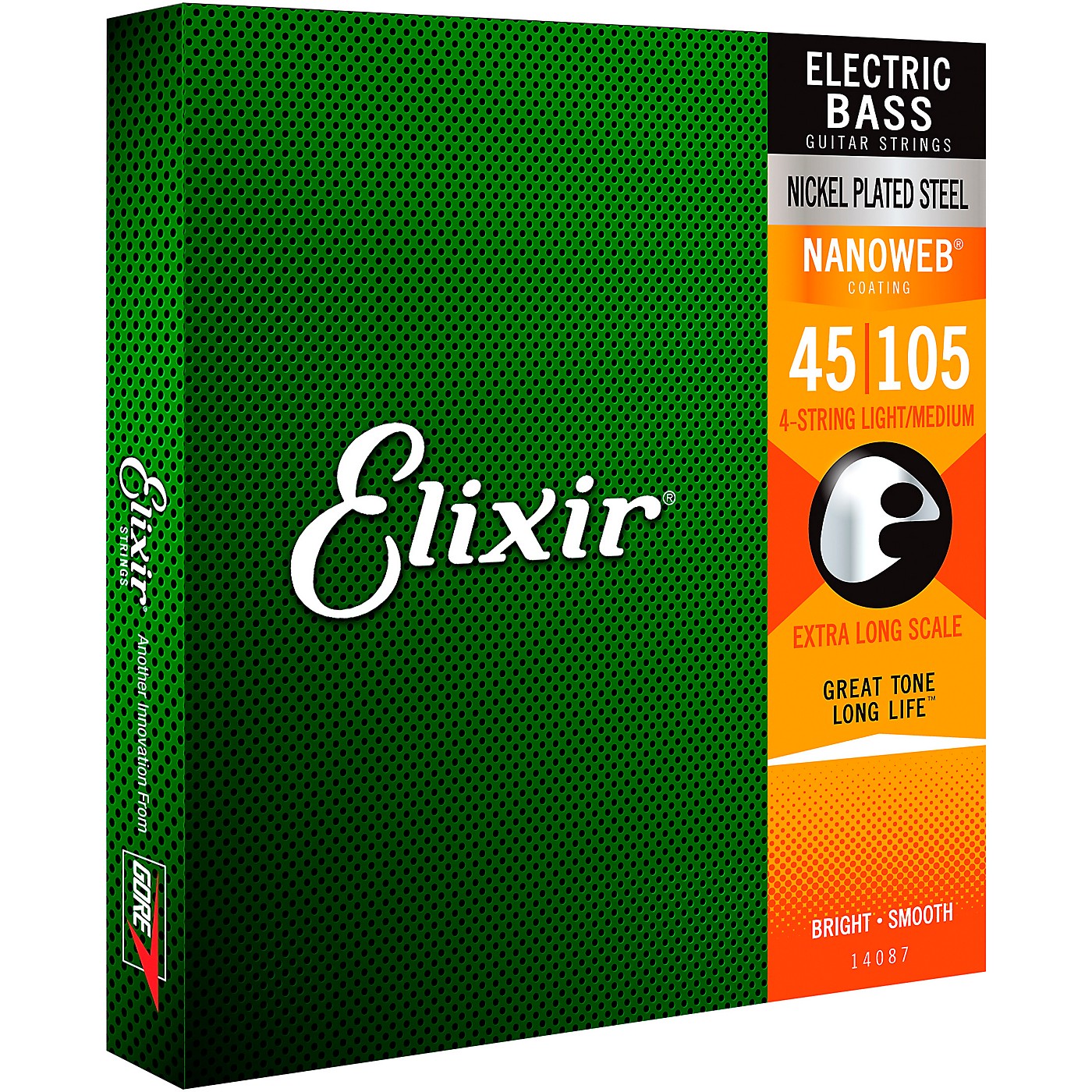 Elixir Nickel-Plated Steel 4-String Bass Strings with NANOWEB Coating, Extra Long Scale, Light/Medium (.045-.105) thumbnail