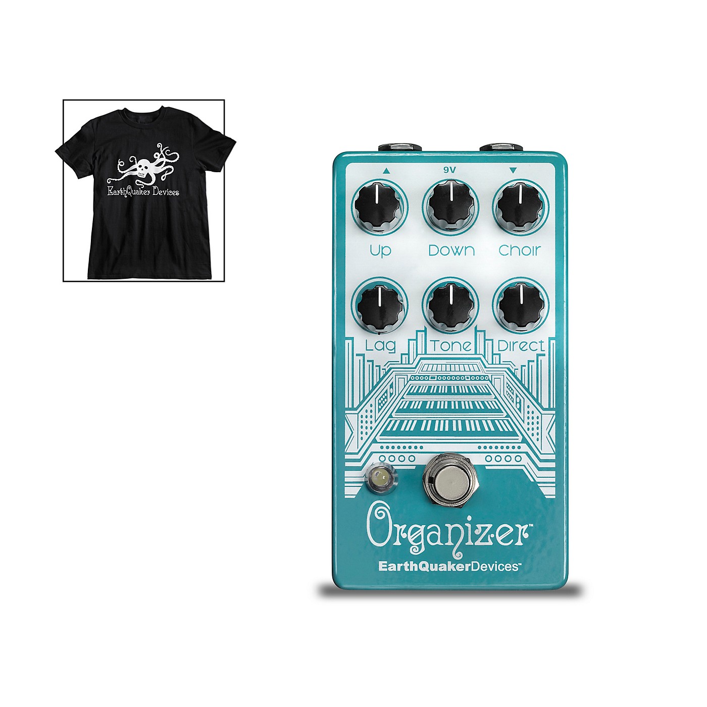 EarthQuaker Devices Organizer V2 Organ Emulator Effects Pedal and Octoskull T-Shirt Large Black thumbnail