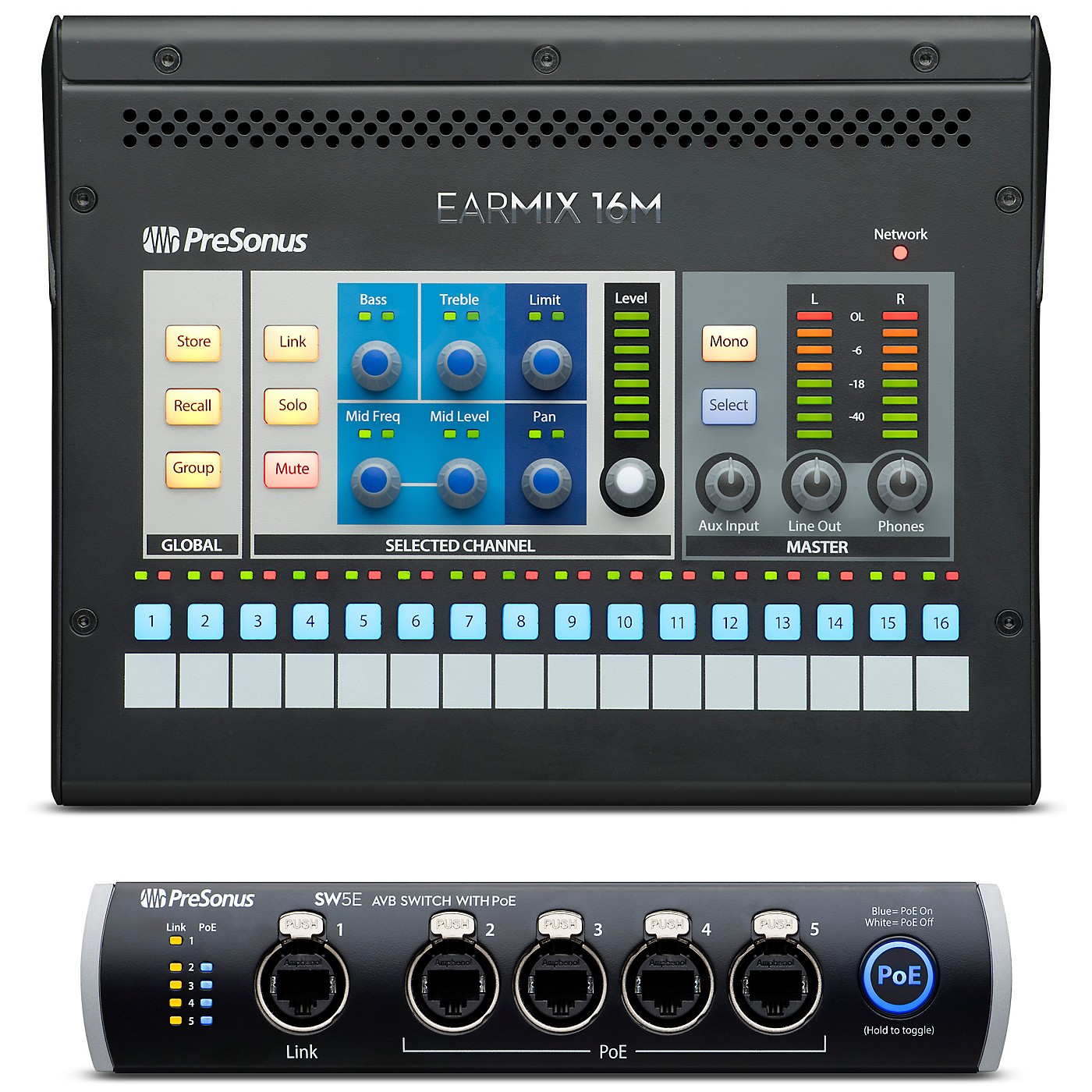 PreSonus Personal Monitoring Bundle With 4 EarMix 16M Personal Mixers and SW5E 5-Port AVB Switch thumbnail