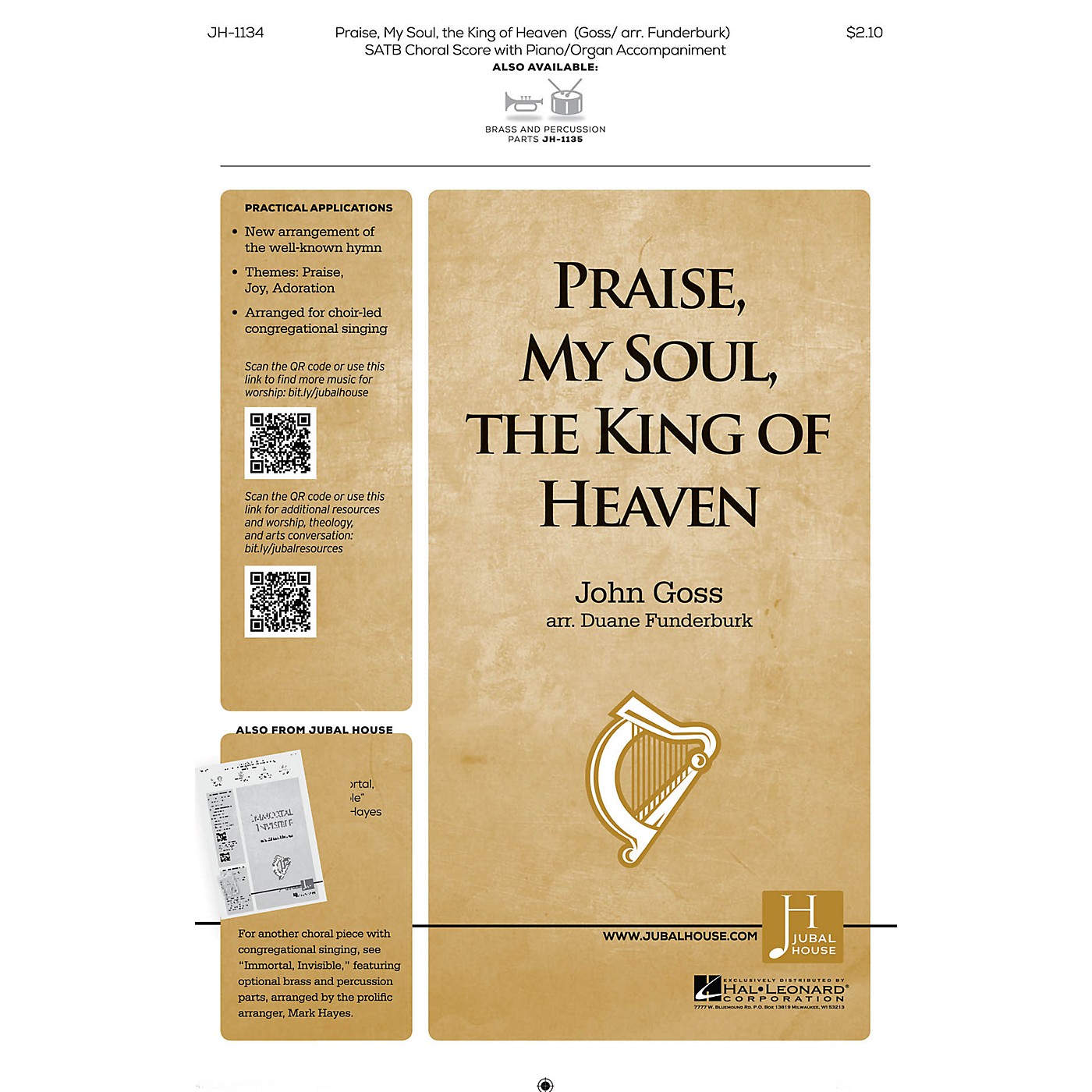 Jubal House Publications Praise, My Soul, the King of Heaven BRASS/PERCUSSION PARTS Arranged by John Goss thumbnail