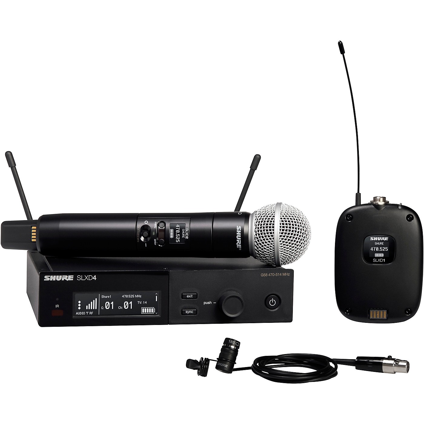 Shure SLXD124/85 Combo System with SLXD1 Bodypack, SLXD4 Receiver, SM58 and WL185 Lavalier Microphone thumbnail
