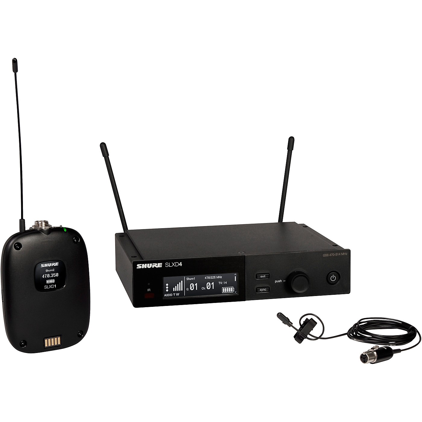 Shure SLXD14/DL4 Wireless System with SLXD1 Bodypack Transmitter, SLXD4 Receiver, and DL4B Lavalier Microphone thumbnail