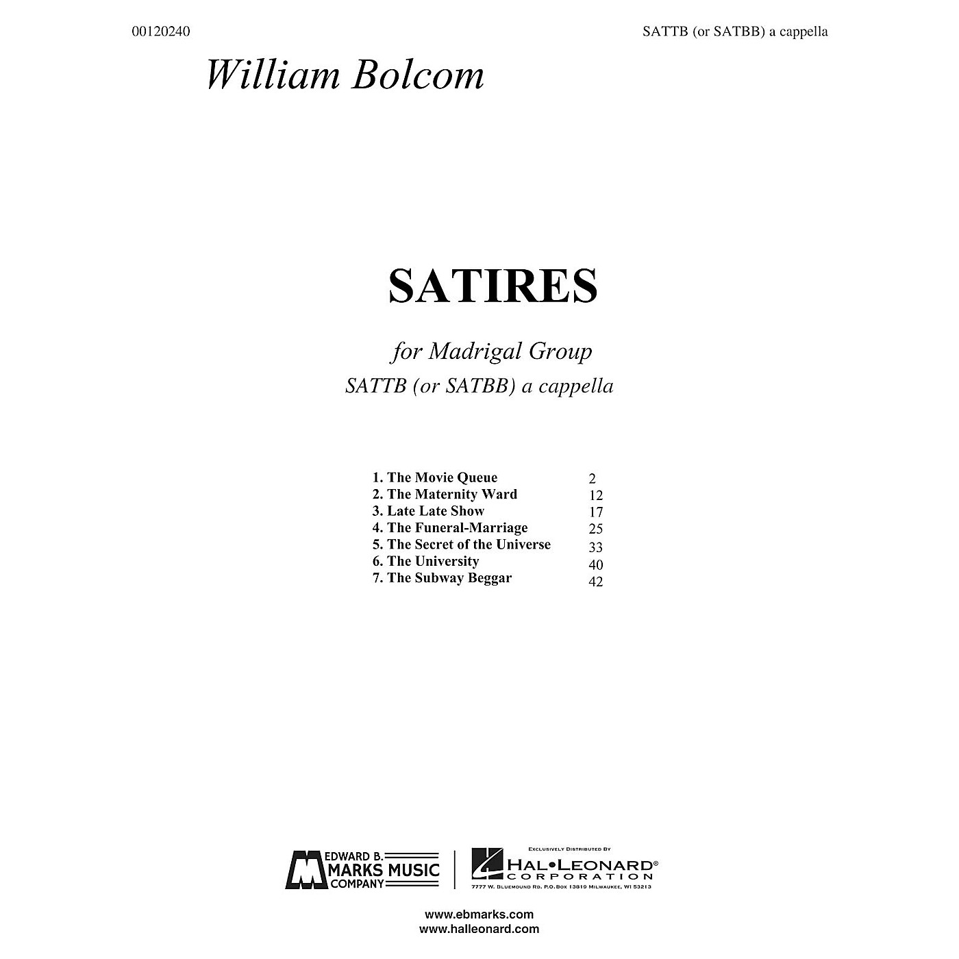 Edward B. Marks Music Company Satires (SATB Madrigal Group A Cappella) SATTB A CAPPELLA Composed by William Bolcom thumbnail