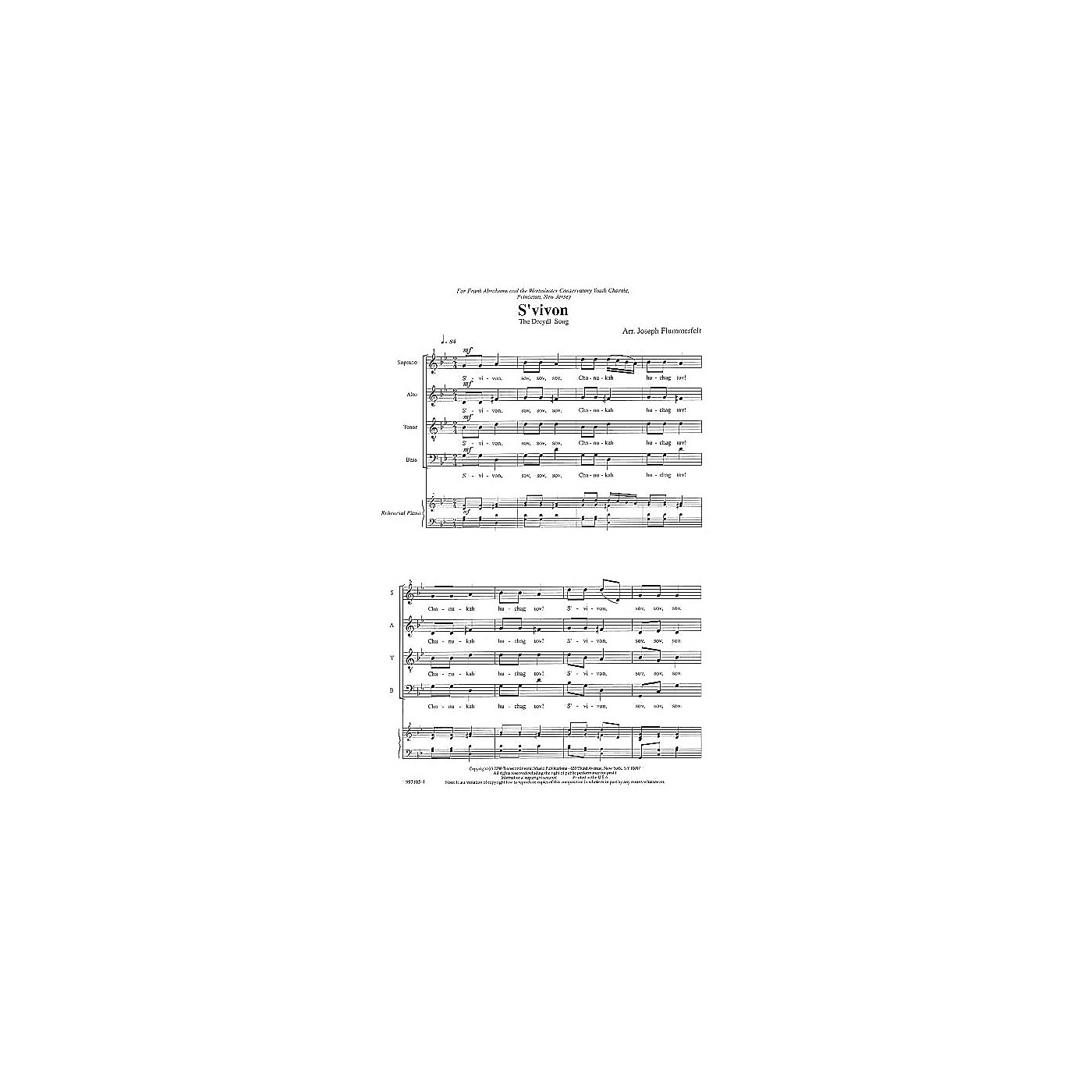 Transcontinental Music S'vivon (Dreidel Spin) (Westminster Conservatory Youth Chorale) SATB arranged by Joseph Flummerfelt thumbnail