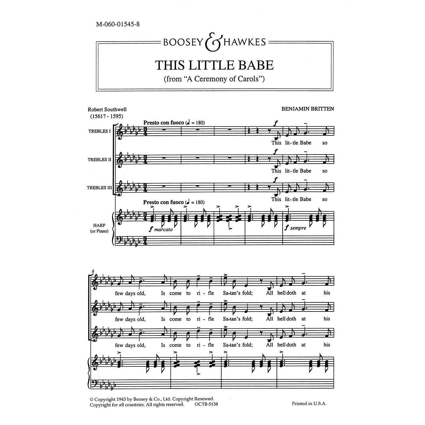 Boosey and Hawkes This Little Babe (SATB and Harp (Piano)) SATB Composed by Benjamin Britten Arranged by Julius Harrison thumbnail