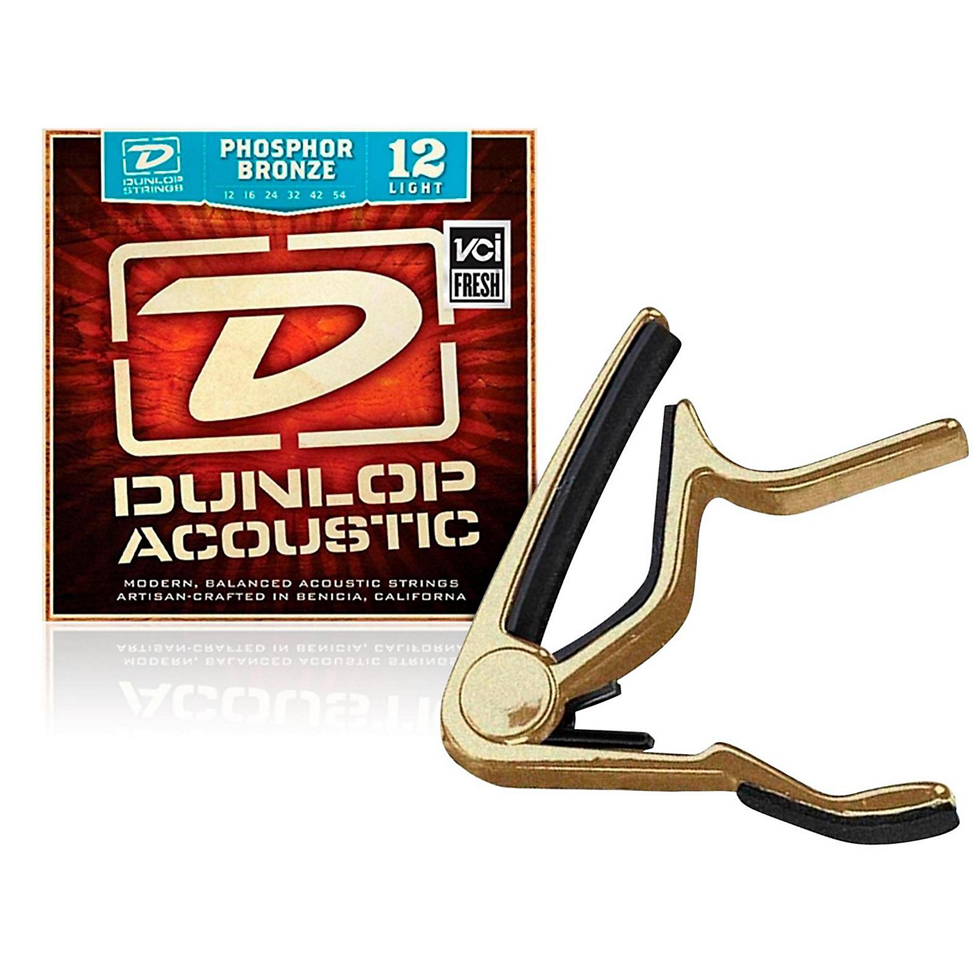 Dunlop Trigger Flat Gold Capo and Phosphor Bronze Light Acoustic Guitar Strings  thumbnail